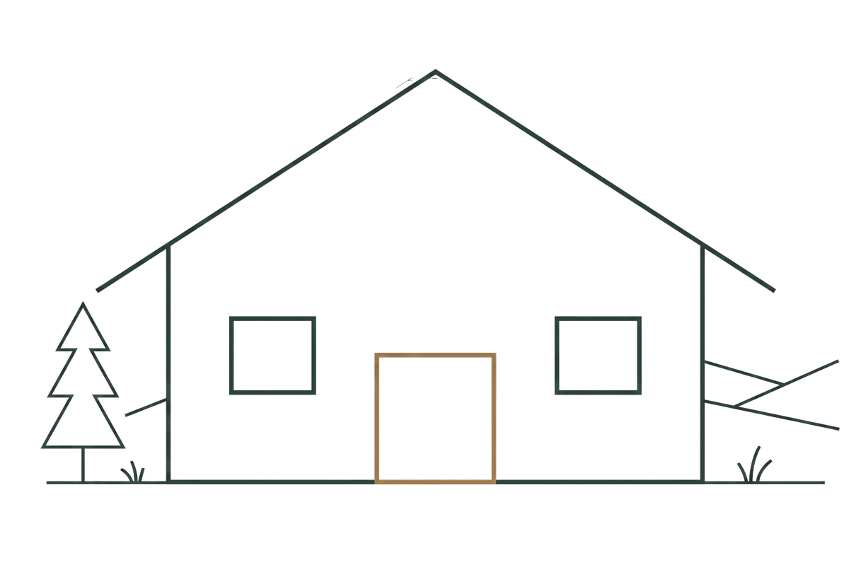 Line drawing of a house among trees